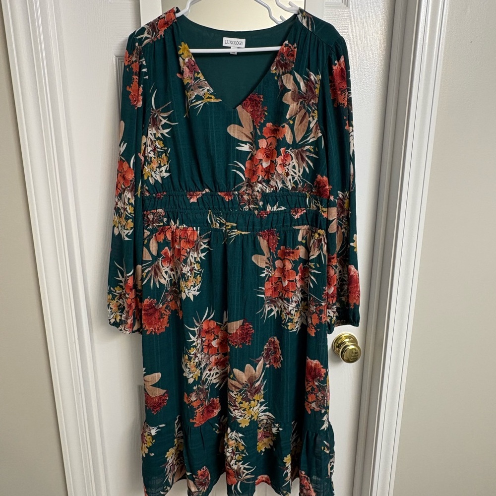 Luxology Teal Floral V-Neck Midi Dress with Red & Cream Blooms